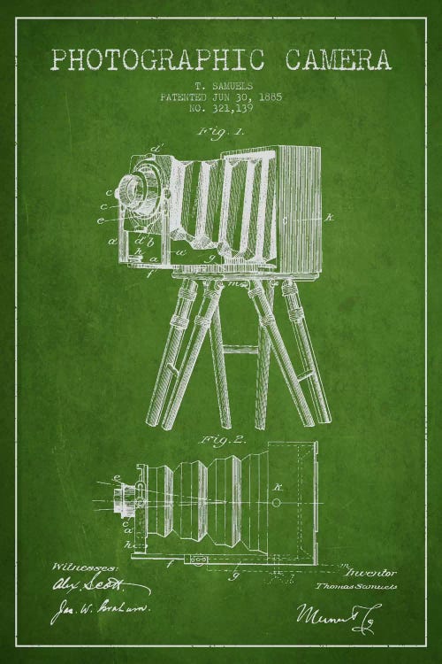 Camera Green Patent Blueprint by Aged Pixel wall art