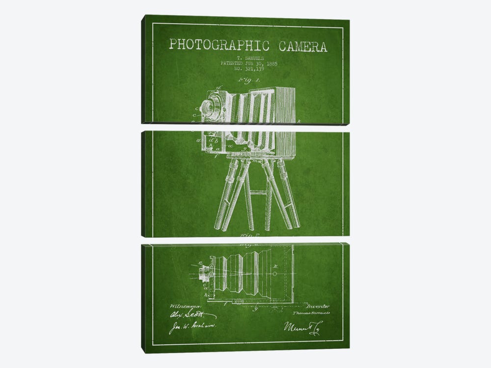 Camera Green Patent Blueprint by Aged Pixel 3-piece Canvas Print