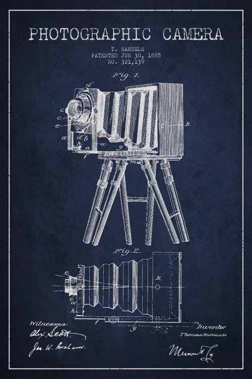 Camera Navy Blue Patent Blueprint by Aged Pixel wall art