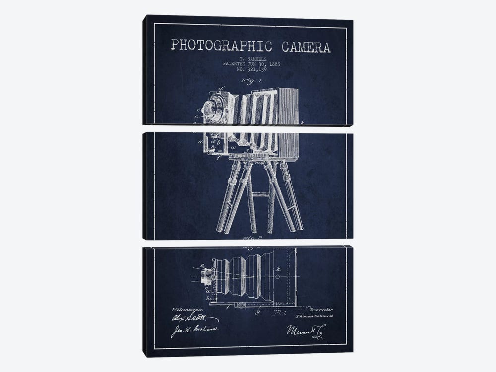 Camera Navy Blue Patent Blueprint by Aged Pixel 3-piece Canvas Artwork