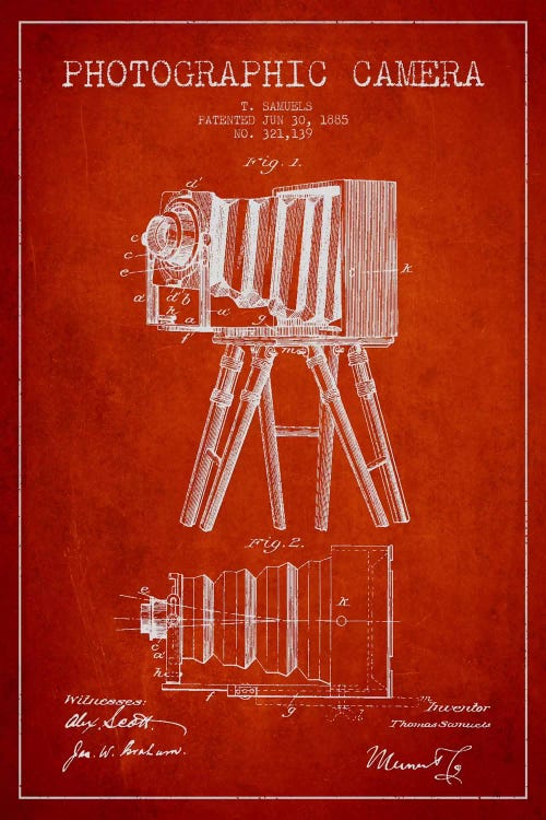 Camera Red Patent Blueprint by Aged Pixel wall art