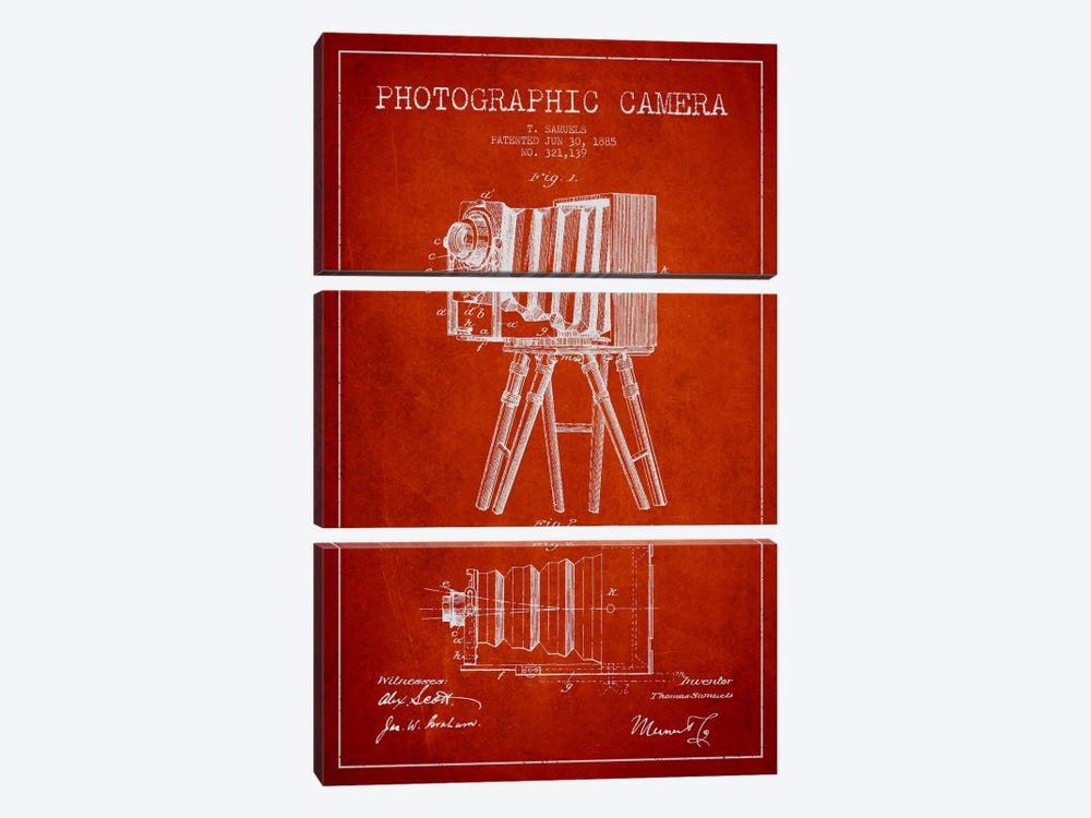 Camera Red Patent Blueprint by Aged Pixel 3-piece Canvas Art Print