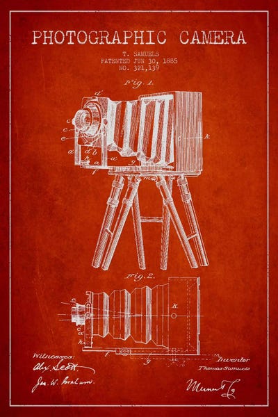 Photography As A Hobby: Camera Red Patent Blueprint by Aged Pixel