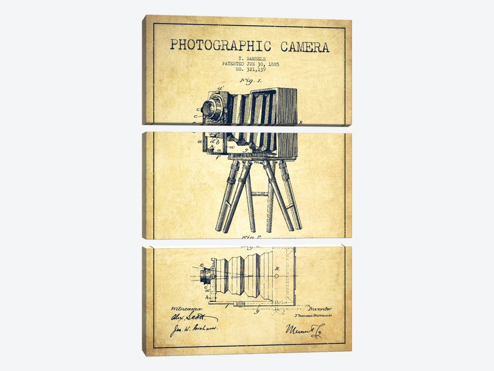 Camera Vintage Patent Blueprint by Aged Pixel 3-piece Canvas Art Print