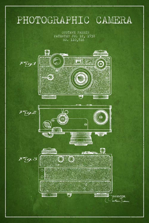 Camera Green Patent Blueprint by Aged Pixel wall art