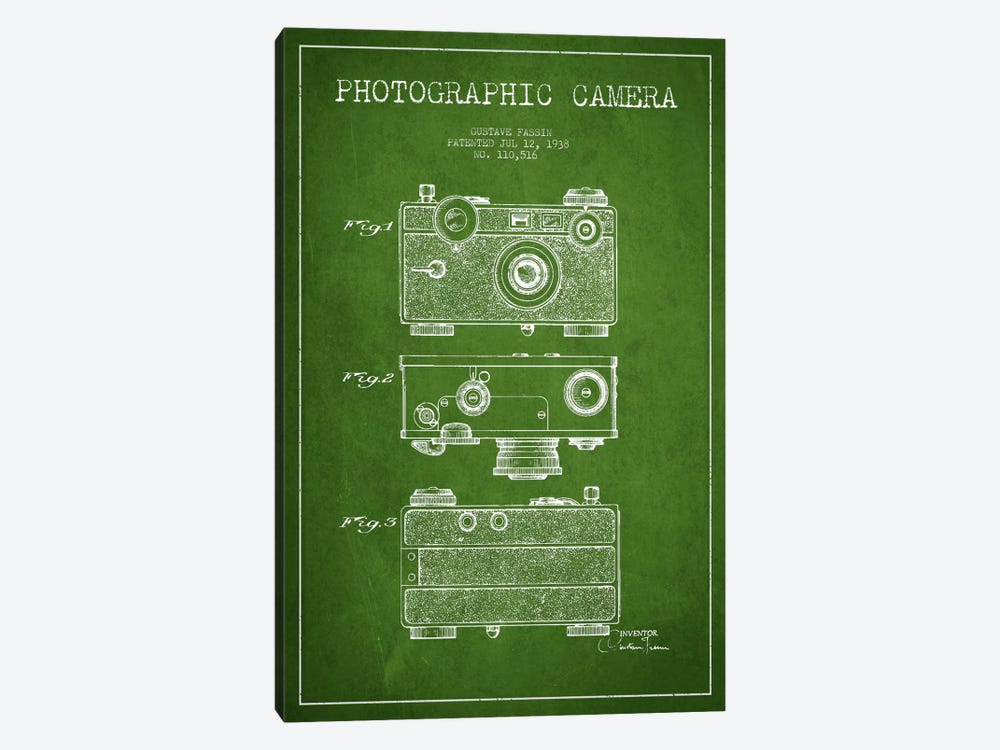 Camera Green Patent Blueprint by Aged Pixel 1-piece Canvas Art Print