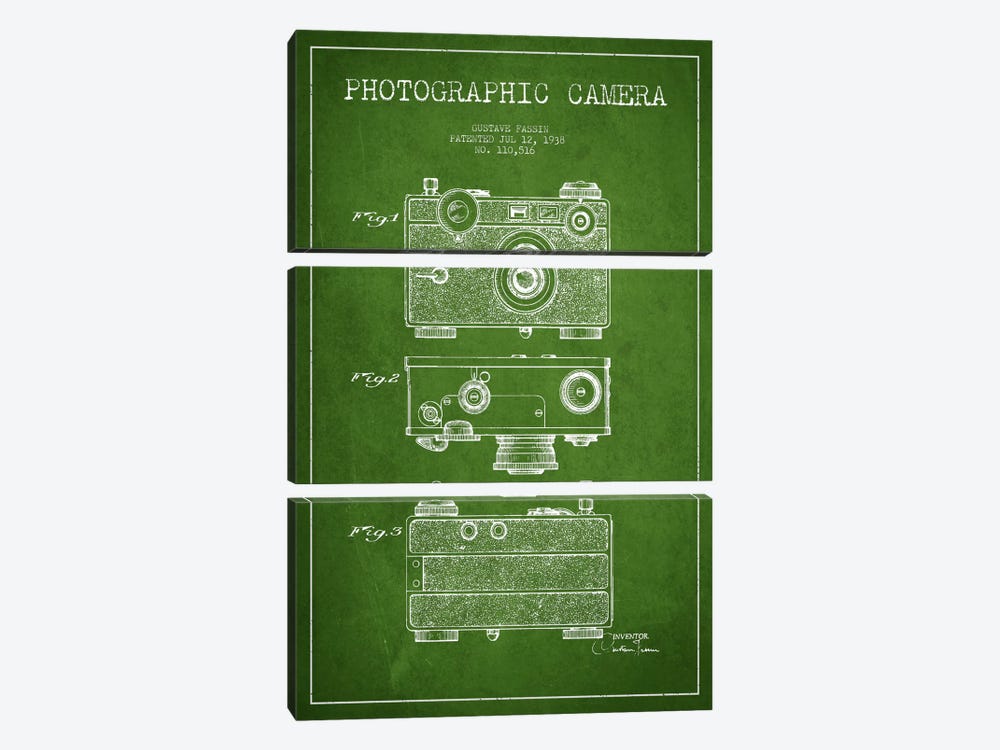 Camera Green Patent Blueprint by Aged Pixel 3-piece Canvas Art Print