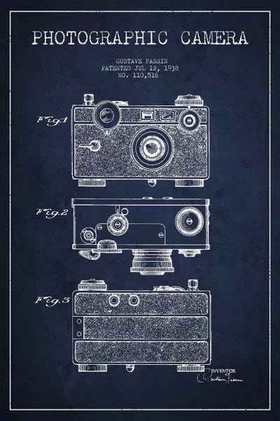 Camera Navy Blue Patent Blueprint by Aged Pixel canvas print