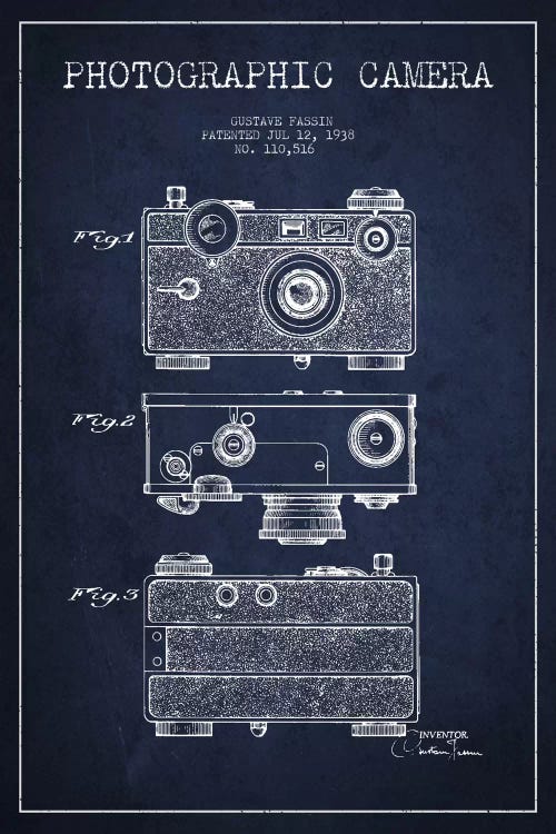 Camera Navy Blue Patent Blueprint by Aged Pixel wall art