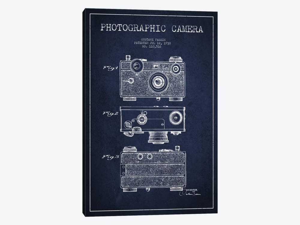 Camera Navy Blue Patent Blueprint by Aged Pixel 1-piece Canvas Art
