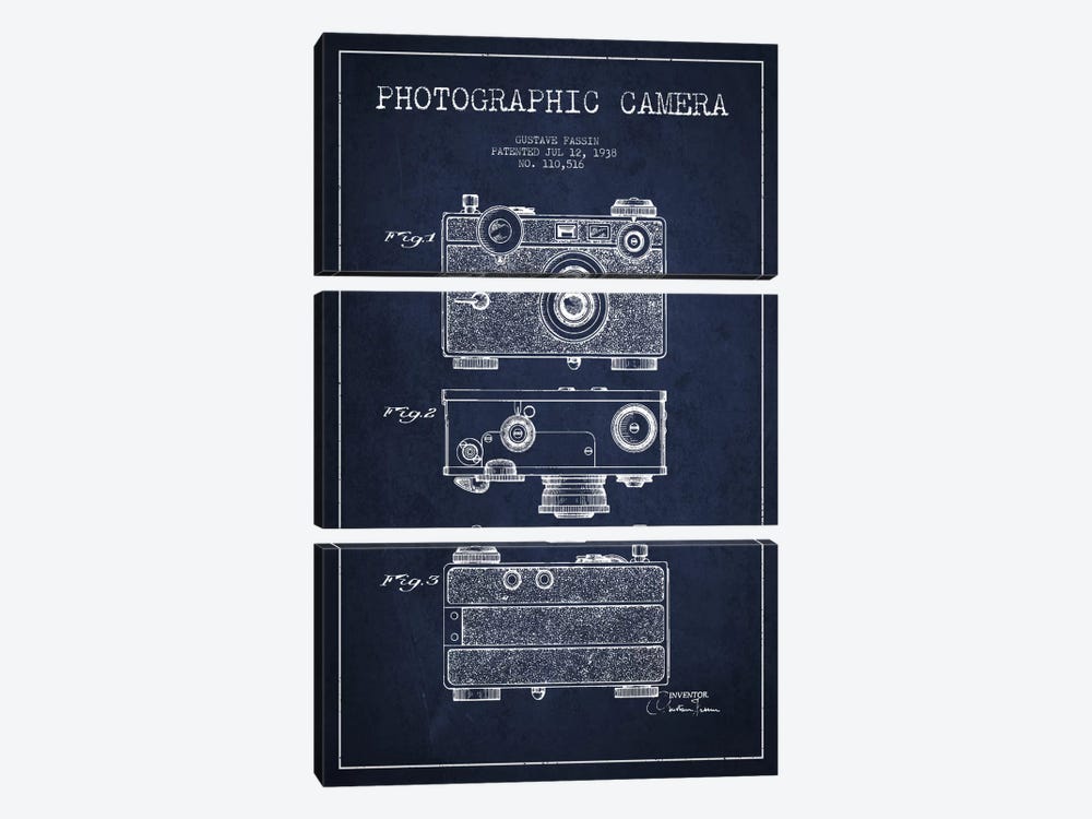 Camera Navy Blue Patent Blueprint by Aged Pixel 3-piece Canvas Art