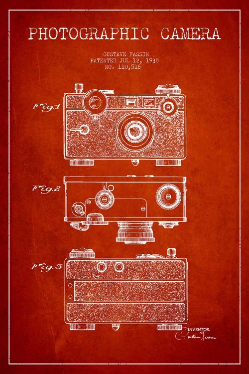 Camera Red Patent Blueprint by Aged Pixel wall art