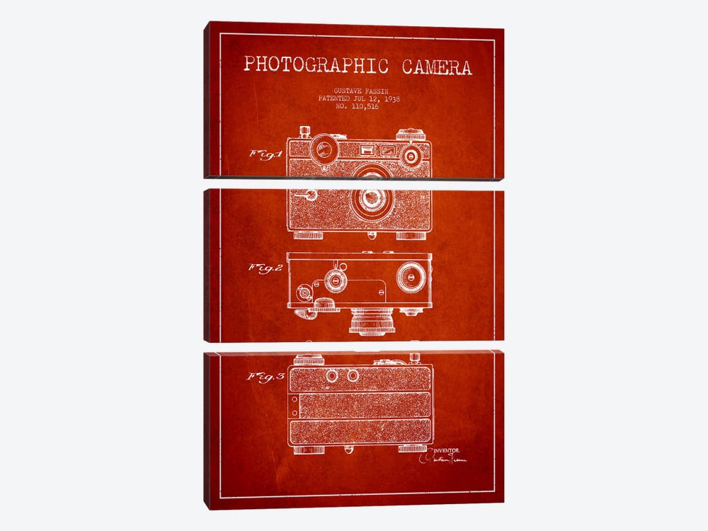 Camera Red Patent Blueprint by Aged Pixel 3-piece Art Print