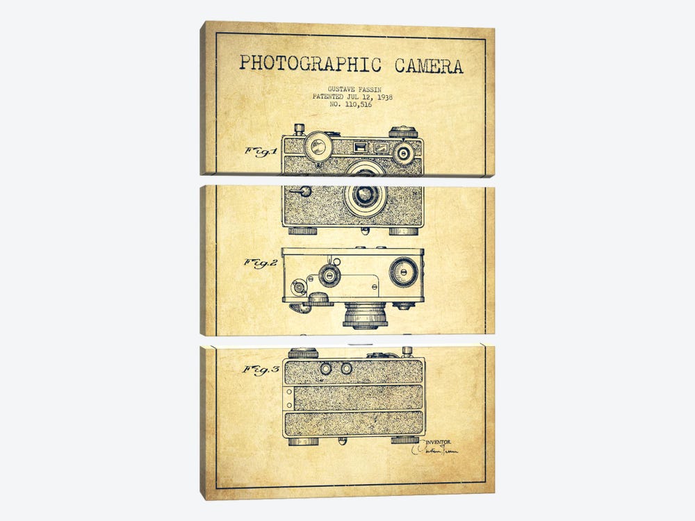 Camera Vintage Patent Blueprint by Aged Pixel 3-piece Canvas Wall Art