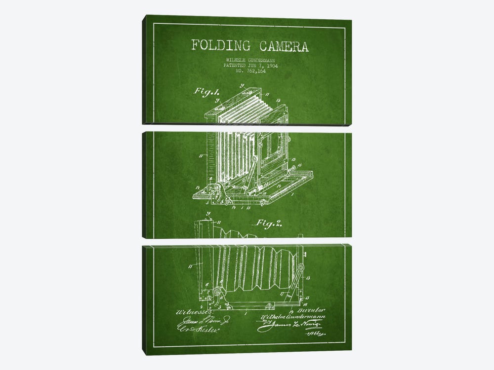 Camera Green Patent Blueprint by Aged Pixel 3-piece Canvas Wall Art