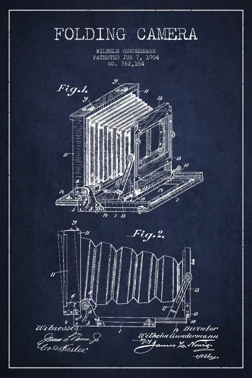 Camera Navy Blue Patent Blueprint by Aged Pixel wall art