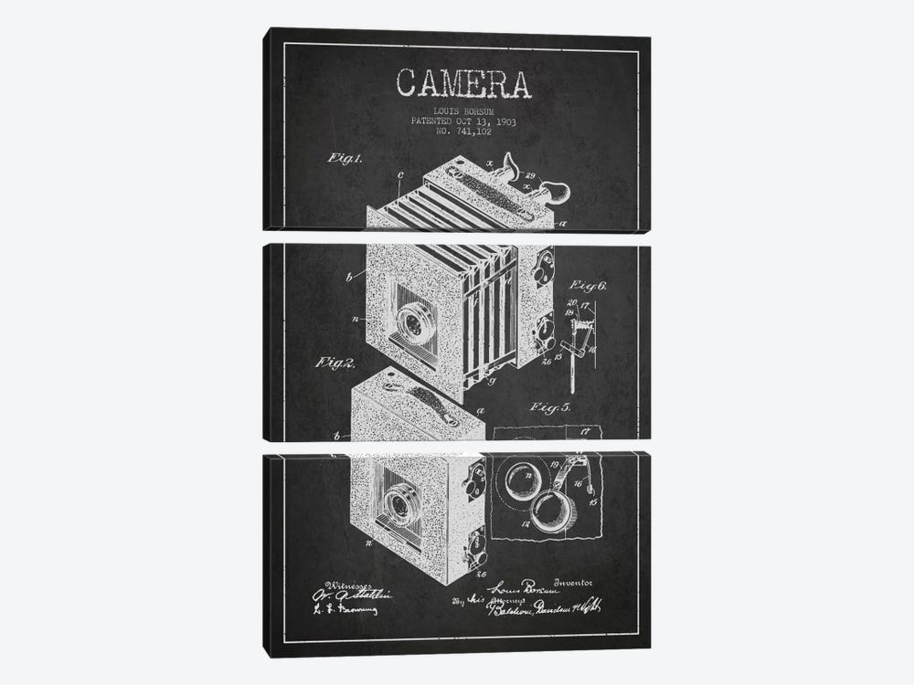 Camera Charcoal Patent Blueprint by Aged Pixel 3-piece Canvas Print