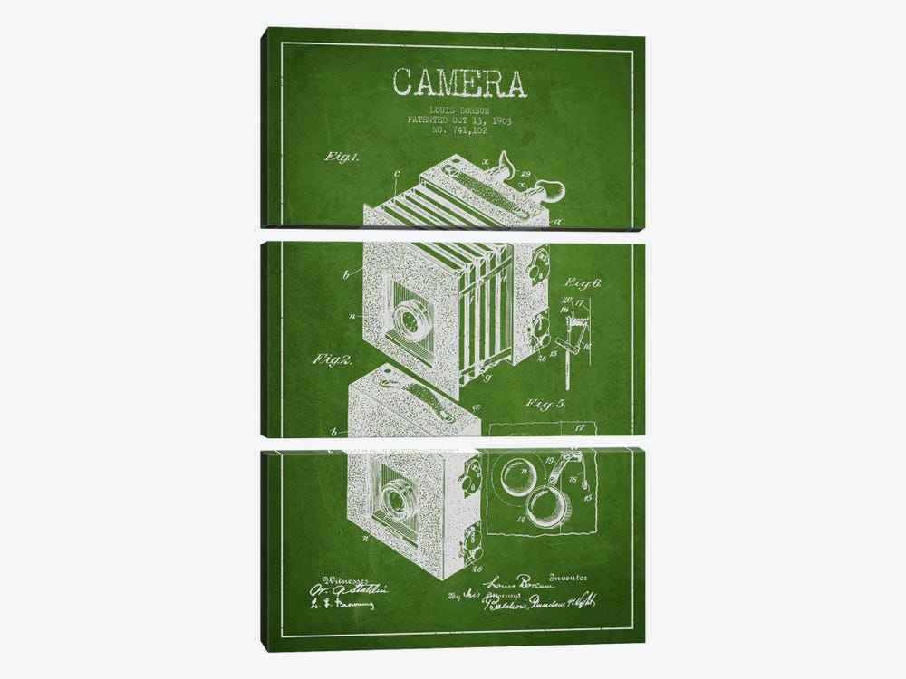 Camera Green Patent Blueprint by Aged Pixel 3-piece Canvas Wall Art