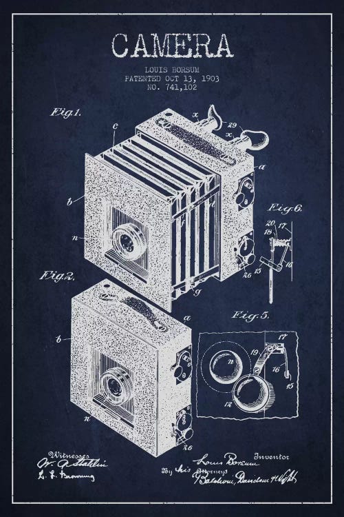 Camera Navy Blue Patent Blueprint by Aged Pixel wall art