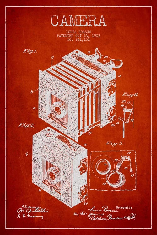 Camera Red Patent Blueprint by Aged Pixel wall art