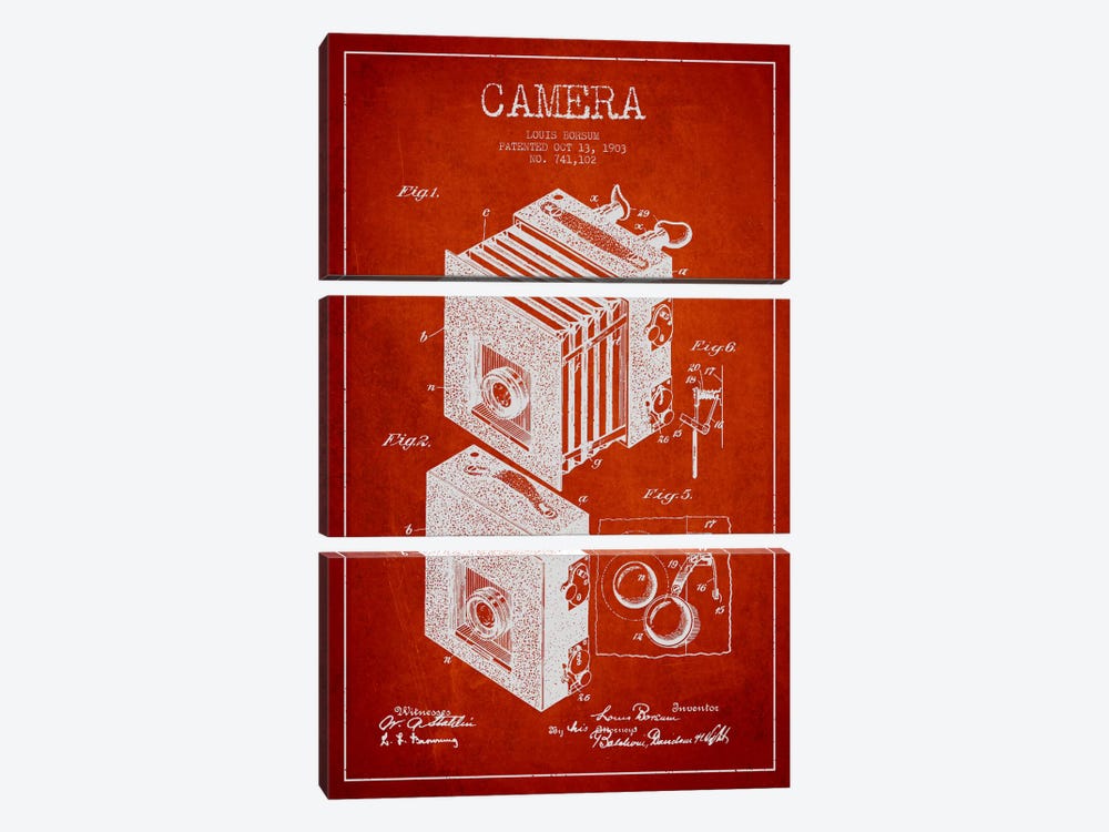 Camera Red Patent Blueprint by Aged Pixel 3-piece Canvas Wall Art