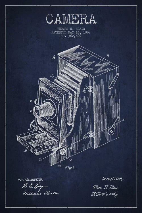 Camera Navy Blue Patent Blueprint by Aged Pixel wall art