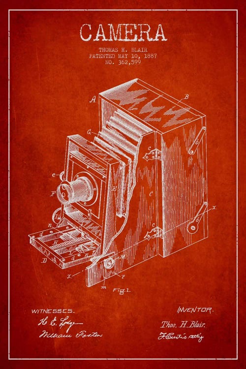 Camera Red Patent Blueprint by Aged Pixel wall art
