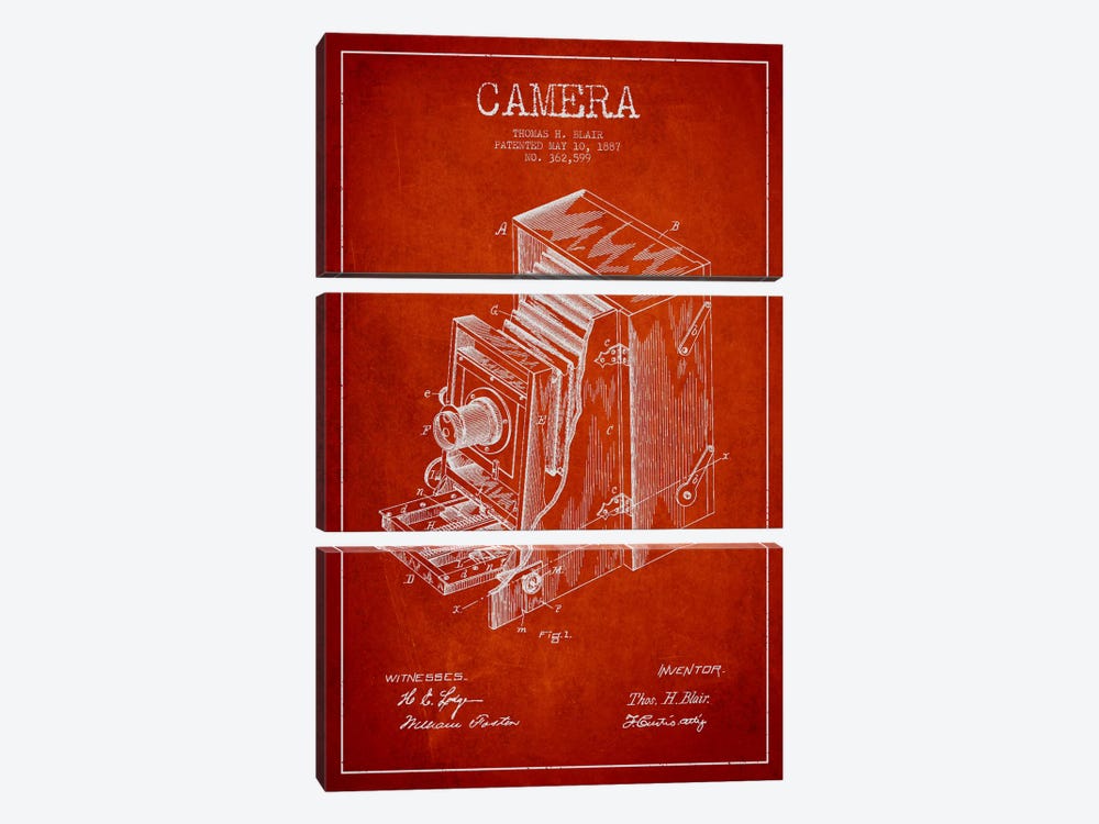 Camera Red Patent Blueprint by Aged Pixel 3-piece Canvas Print