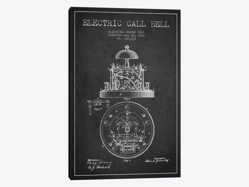 Electric Bell Charcoal Patent Blueprint by Aged Pixel 1-piece Canvas Wall Art
