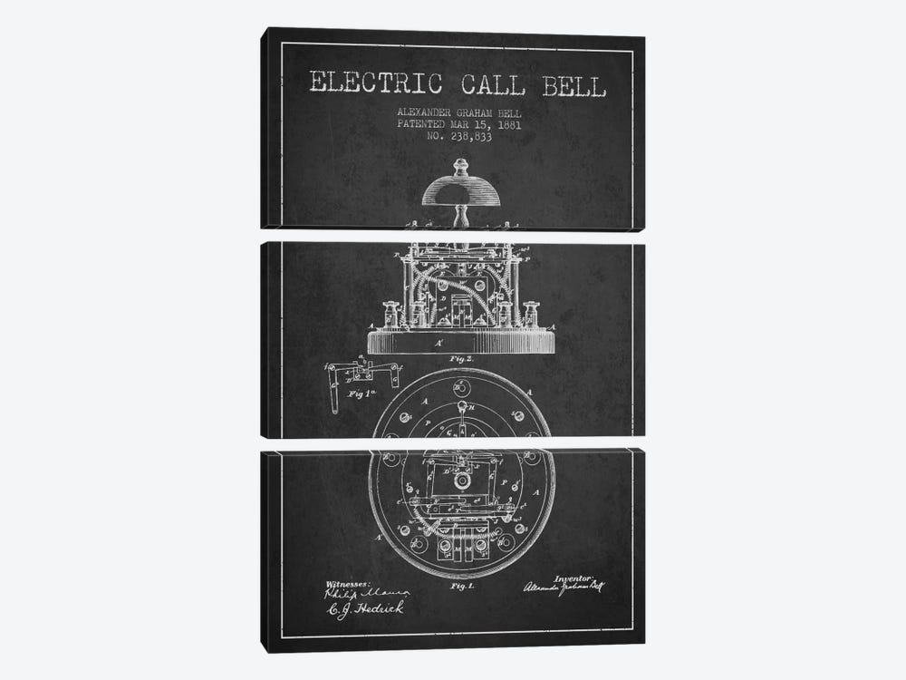 Electric Bell Charcoal Patent Blueprint by Aged Pixel 3-piece Canvas Artwork