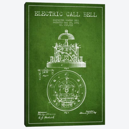 Electric Bell Green Patent Blueprint Canvas Print #ADP452} by Aged Pixel Canvas Art