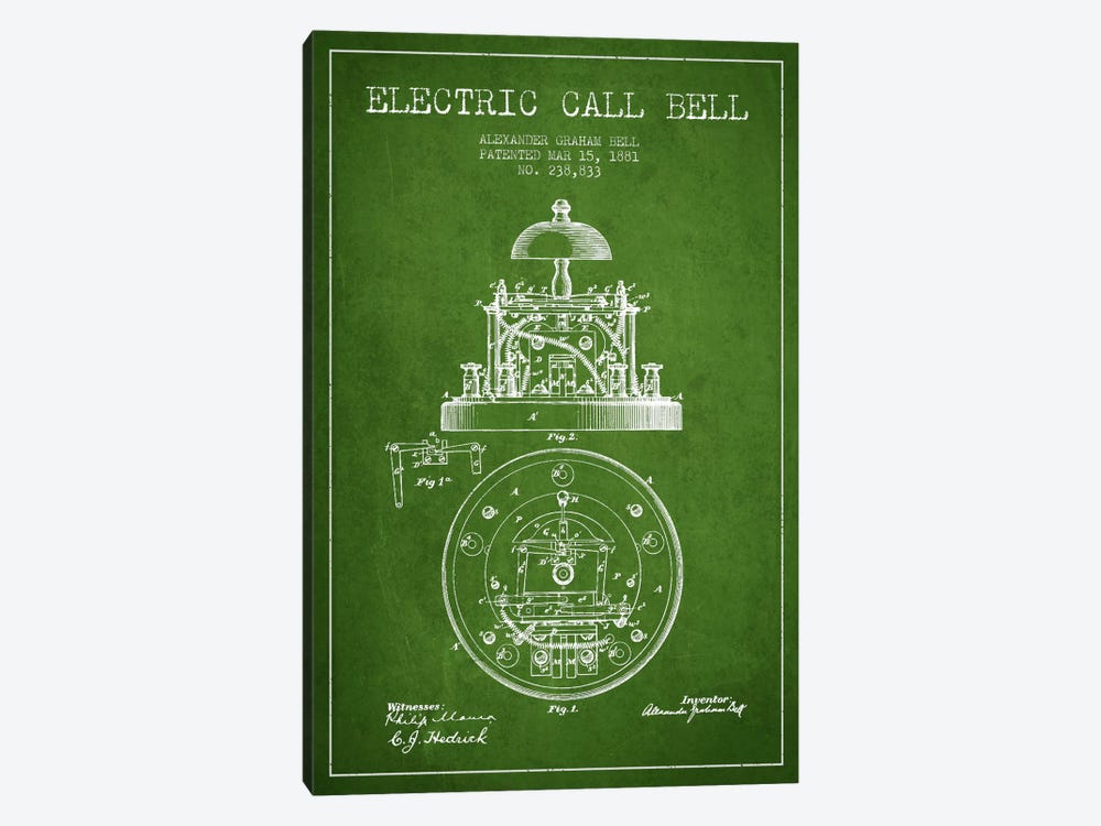 Electric Bell Green Patent Blueprint by Aged Pixel 1-piece Art Print