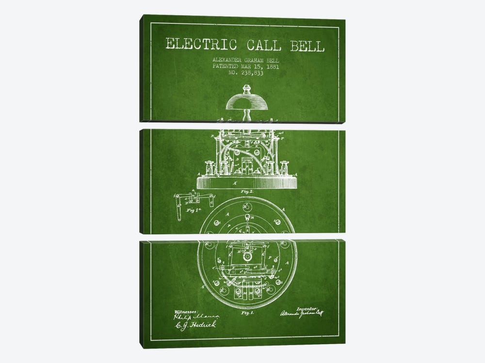 Electric Bell Green Patent Blueprint by Aged Pixel 3-piece Canvas Art Print