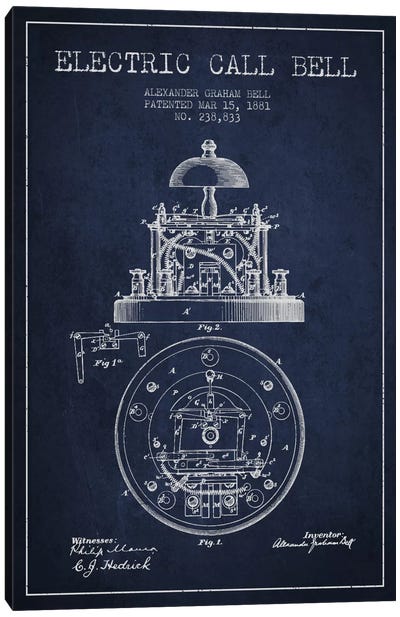 Electric Bell Navy Blue Patent Blueprint Canvas Art Print - Electronics & Communication Blueprints