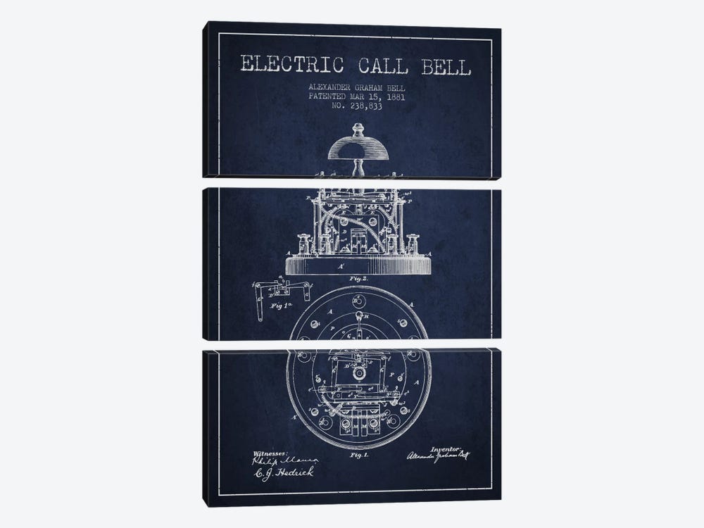 Electric Bell Navy Blue Patent Blueprint by Aged Pixel 3-piece Canvas Wall Art