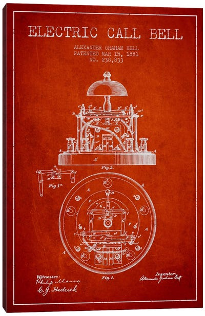 Electric Bell Red Patent Blueprint Canvas Art Print - Electronics & Communication Blueprints