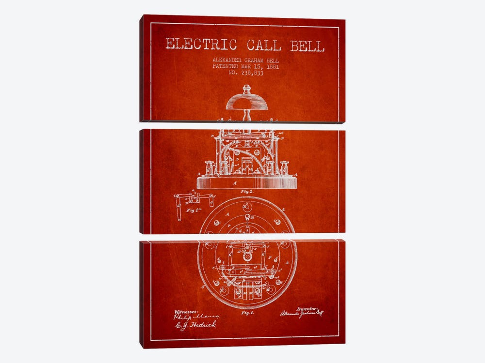 Electric Bell Red Patent Blueprint by Aged Pixel 3-piece Canvas Print