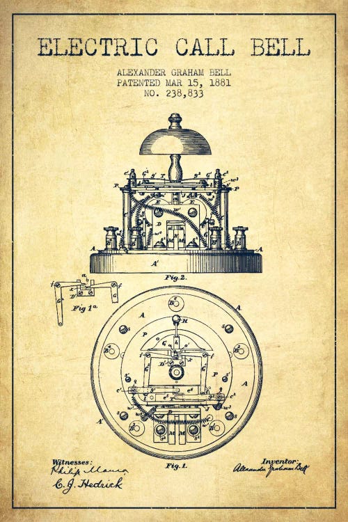 Electric Bell Vintage Patent Blueprint by Aged Pixel wall art