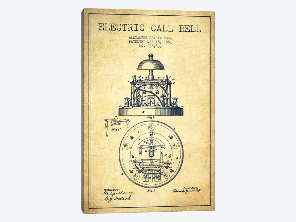 Electric Bell Vintage Patent Blueprint by Aged Pixel 1-piece Canvas Wall Art
