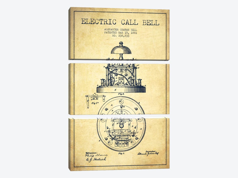 Electric Bell Vintage Patent Blueprint by Aged Pixel 3-piece Canvas Art