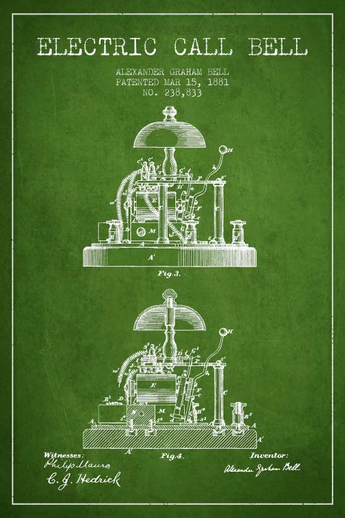 Electric Alex Bell Green Patent Blueprint by Aged Pixel wall art