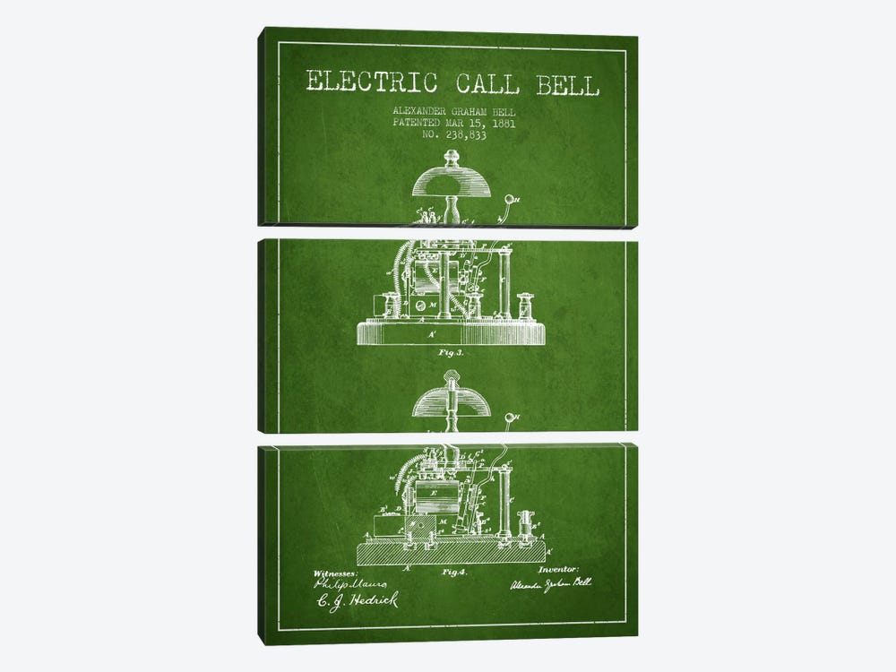 Electric Alex Bell Green Patent Blueprint by Aged Pixel 3-piece Canvas Wall Art