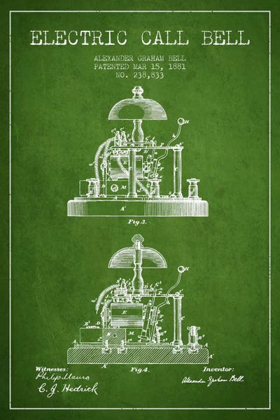 Electronics & Communication Blueprints: Electric Alex Bell Green Patent Blueprint by Aged Pixel