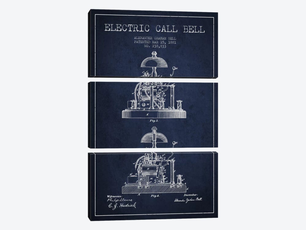 Electric Alex Bell Navy Blue Patent Blueprint by Aged Pixel 3-piece Canvas Print