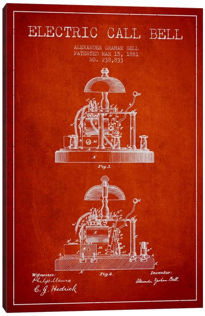Electric Alex Bell Red Patent Blueprint Canvas Art Print - Aged Pixel: Electronics & Communication