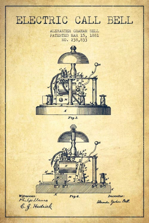 Electric Alex Bell Vintage Patent Blueprint by Aged Pixel wall art
