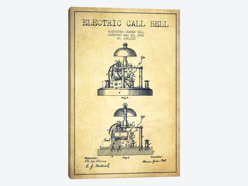 Electric Alex Bell Vintage Patent Blueprint by Aged Pixel 1-piece Canvas Wall Art