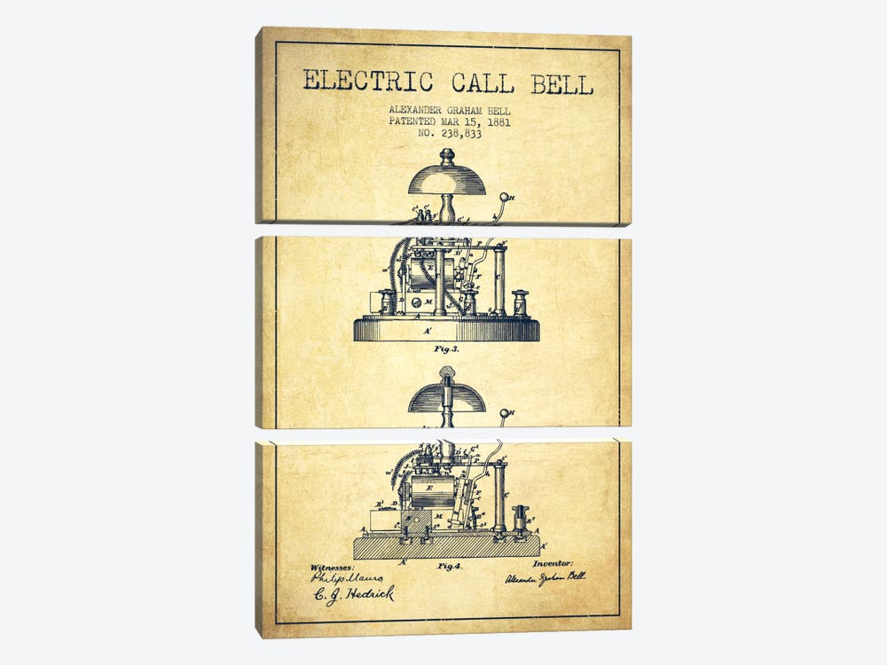 Electric Alex Bell Vintage Patent Blueprint by Aged Pixel 3-piece Canvas Art