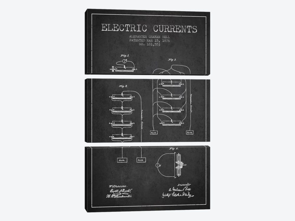 Electric Currents Charcoal Patent Blueprint by Aged Pixel 3-piece Canvas Art Print