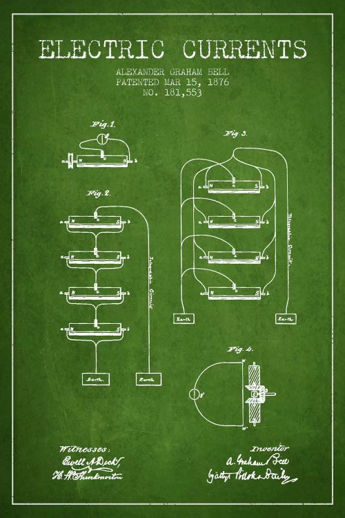 Electric Currents Green Patent Blueprint by Aged Pixel wall art